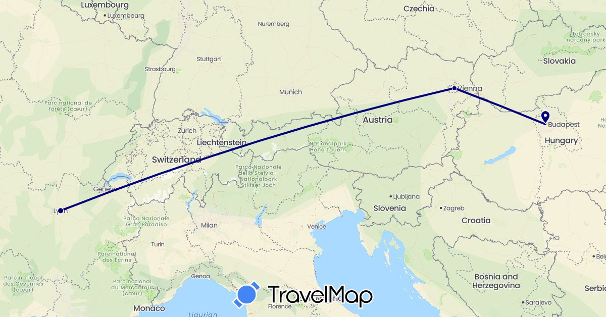 TravelMap itinerary: driving in Austria, France, Hungary (Europe)